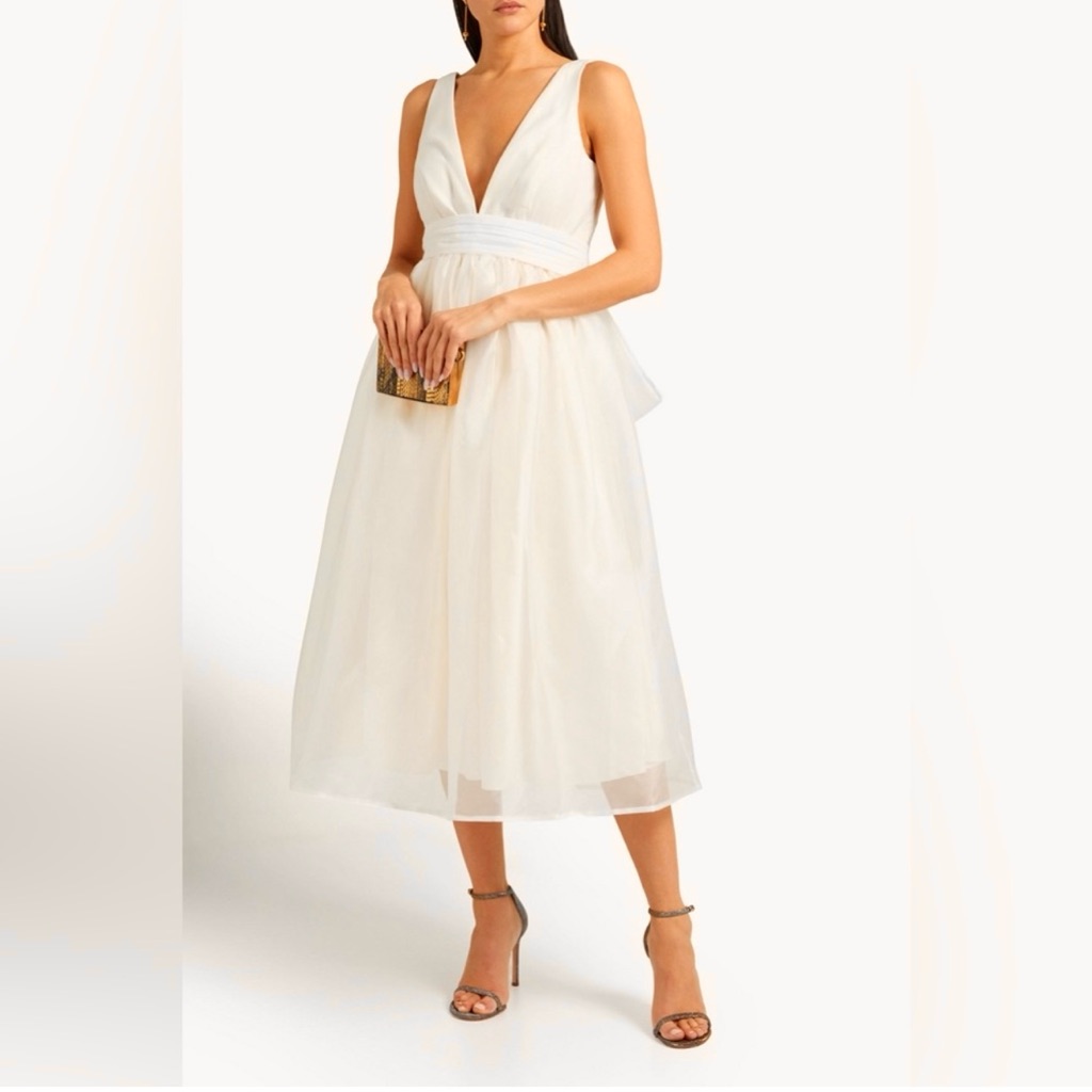 Sachin & Babi Bhldn Carmina Bow Embellished Organza Midi Dress New Size 8 Ivory